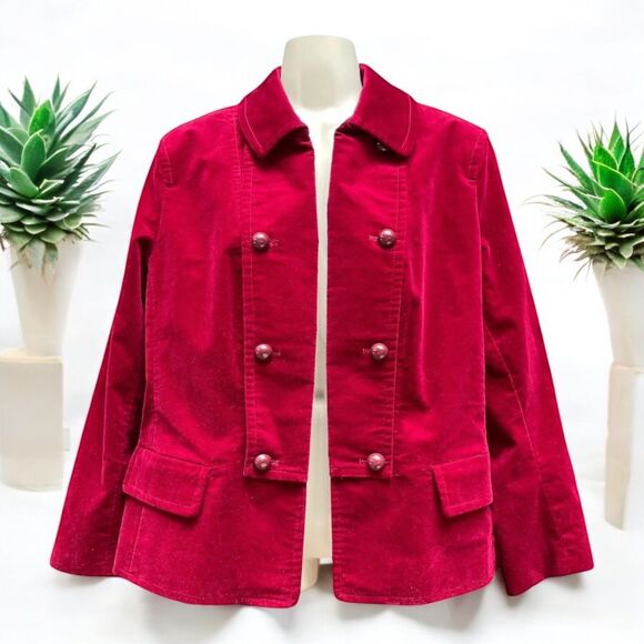 Talbots Velvet Petite Blazer Jacket Women’s 8P Red Wine Military Pea Coat Button - Picture 1 of 16